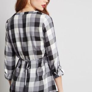 Modcloth Black White Plaid Tie Back Blouse Top XS